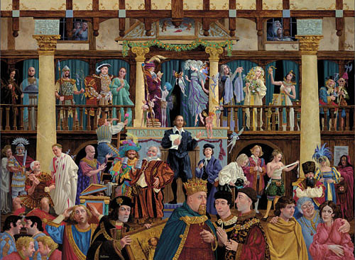 Elizabethan theatre scene with actors performing on stage and a crowded audience watching from galleries, reflecting the idea of life as a stage.
